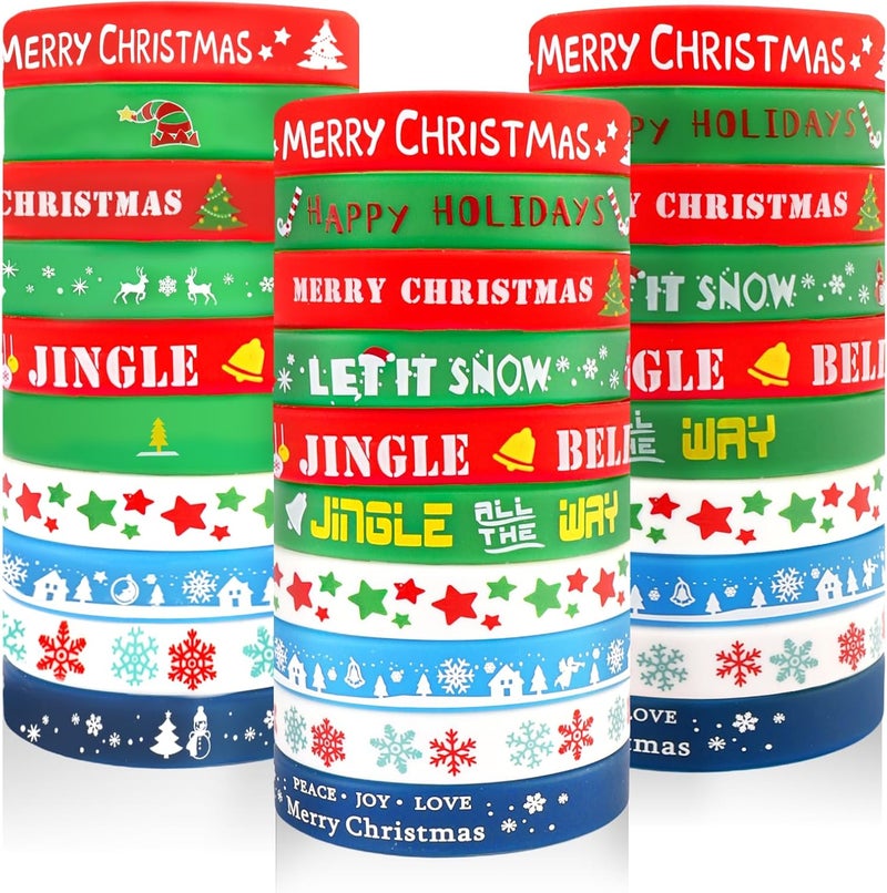 Hapdoo 30pcs Christmas Silicone Bracelets - Bulk Rubber Christmas Bracelets Xmas Tree Snowflake Pattern Wristbands for Xmas Winter Holiday Gifts Party Stuffer Supplies - Image 1